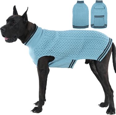 Синій теплий зимовий пуловер для собак середнього розміру з коміром-горловиною, в'язаний з косами, для дівчаток, XXXXL (тепла собача одіяння, набір, для холодної погоди, на Різдво)