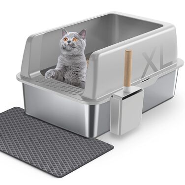 Котлочистка Gimars XL з металу, велика котяча туалет, нержавіюча сталь 20L з лопаткою та килимком, міцна котяча туалет з металу, котяча туалет з нержавіючої сталі для великих та середніх котів (світло-сіра з килимком)