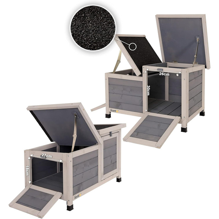 Клітка для кроликів Lionto з дерева з двома входами, 70x43x45 см, водостійке дах з бітуму та пластикові ніжки, для внутрішнього та зовнішнього використання, зимостійка, сучасний дизайн