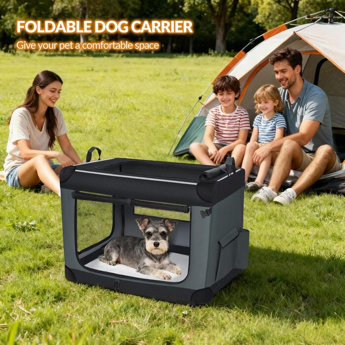 Транспортна переноска для собак Fobyfurny, сіра, 60 x 42 x 42 см, 60 л, з відбиваючими смугами та кишенями, знімний мат, Oxford-тканина, FPDT005OG1