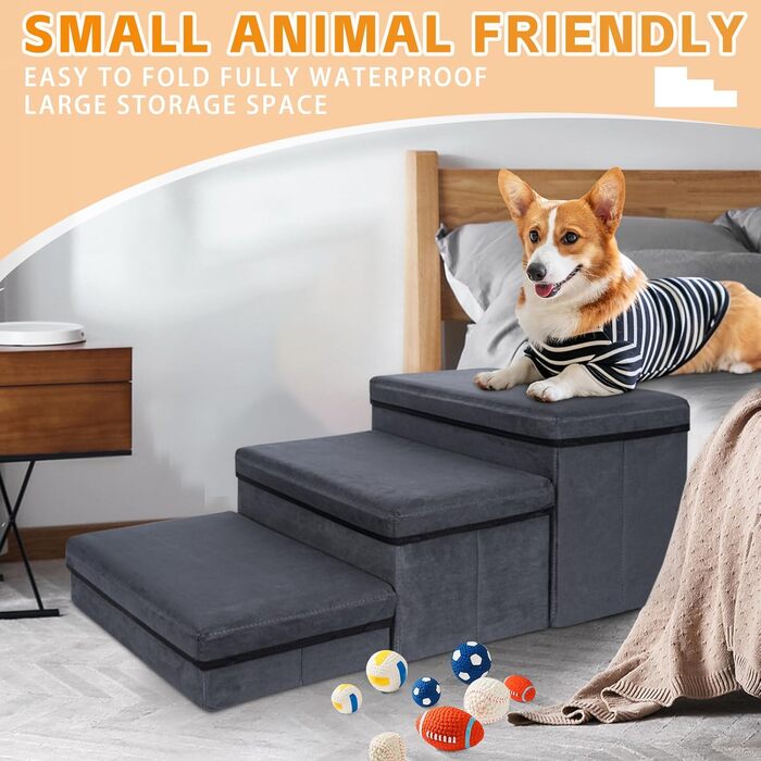 Сходинки для собак з місцем для зберігання, 2 сходинки, складані, широка пандус для домашніх тварин, неслизькі сходи для собак, драбина для домашніх тварин, сходи для собак та котів маленьких та великих порід, темно-сірий 60×40×30 (квадрат)