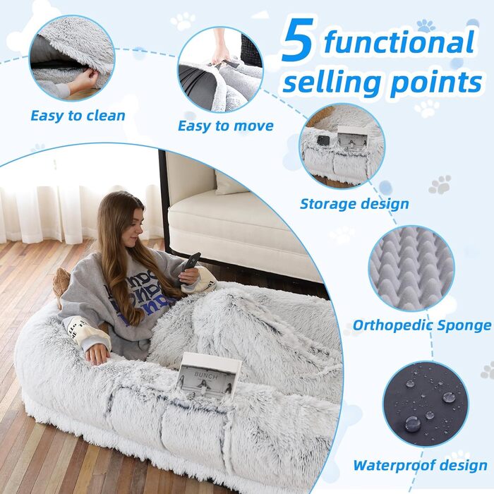 Ортопедичне ліжко для собак та людей, 180 x 114 x 30 см, сірий колір, з пам'яті ефекту піна та бавовна, знімний чохол з штучного хутра