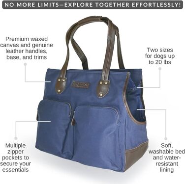 Сумка-переноска для собак DJANGO - велика, waxed canvas та шкіра, з кріпленням-поводком та кишенями на блискавці (marineblau)