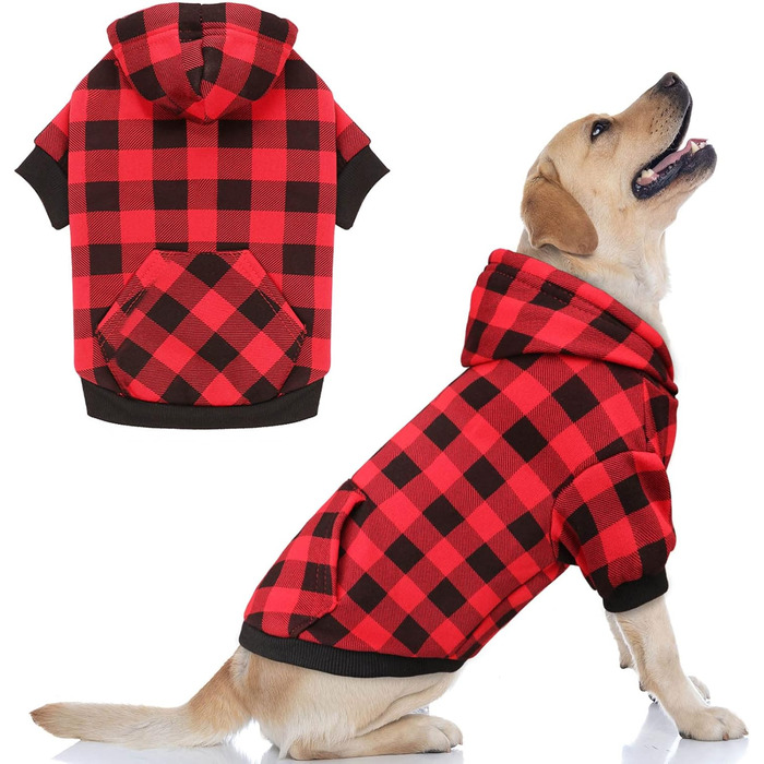 Пуловер для собак, червоний, в клітинку Buffalo Plaid, теплий та м'який, дихаючий, зручний, з капюшоном, для великих собак, з кишенею (XXL)