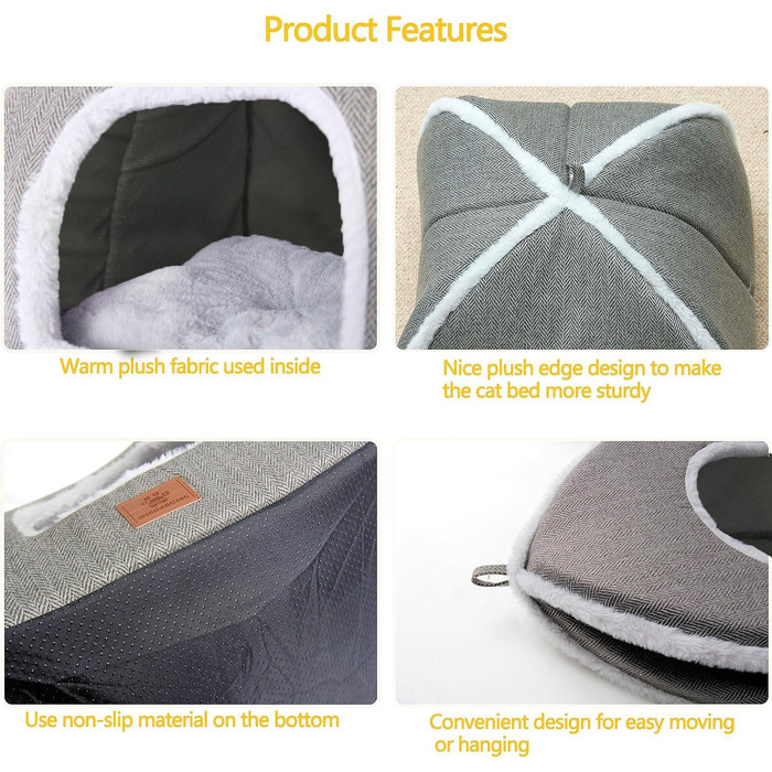 Квіткове ліжко для котів, складана хатинка, будиночок для котів з пральним подушками, ліжко для кошенят, маленьких домашніх тварин, котяче намету, м'яке та тепле котяче ліжко для дому, Сірий M(38 x 15 x 15 см)