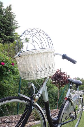 Корзина для собак на велосипедний кермо з ротангу з металевою сіткою та подушкою, білий ротанговий кошик для собак (з подушкою)