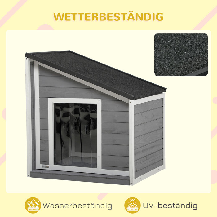 PawHut Dog House Атмосферостійка будка для собаки з ялинового дерева з асфальтовим дахом і дверною шторою сіра 71x58x53/77см для маленьких собак