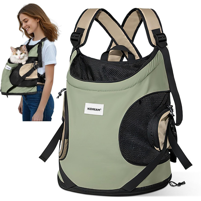 Рюкзак-переноска для собак та котів ALLSOPETS, зручний та дихаючий, з інтегрованим ремінцем безпеки, для подорожей та прогулянок (Оливковий)