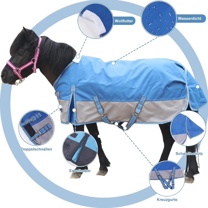 Водонепроникна дихаюча попона-дощовик для поні та міні-коней 1200D без підкладки, королівський синій, 80 см