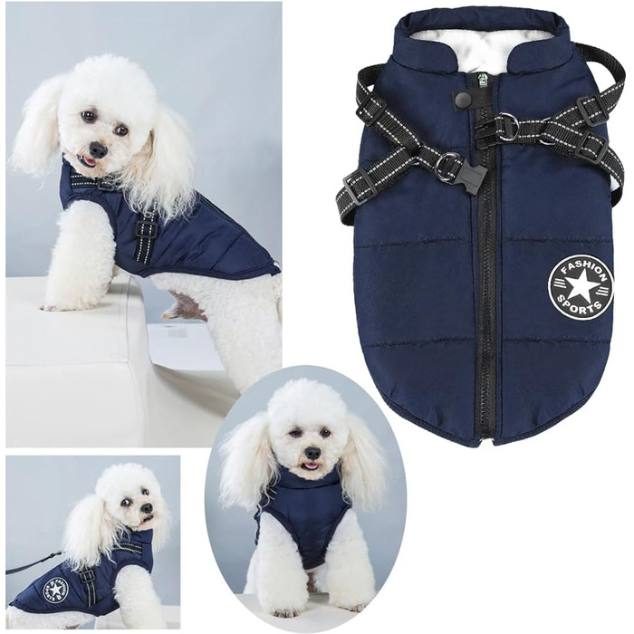 Тепла зимова куртка для собак Aiboria, XL, блакитна: вітро- та водонепроникна, 2-в-1, жилет-упряж для цуценят