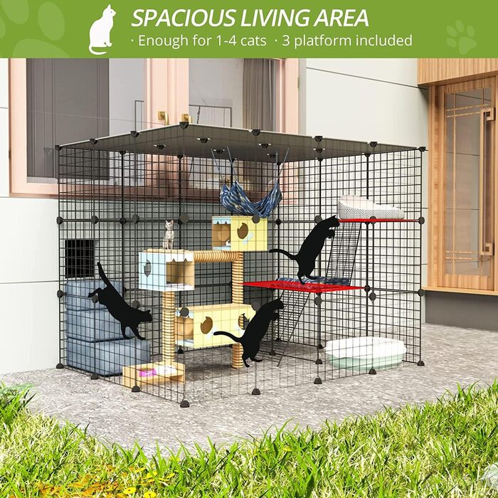 Вуличний котячий вольєр OutdoorCat з великою дверима, 140×105×105 см, будиночок для котів з платформами, DIY будка для собак, просторий тренувальний майданчик для 1–4 котів