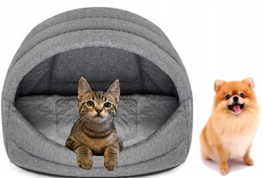 Лежак-будиночок для собак та котів, розмір L, колір бежевий + хутряна підстилка