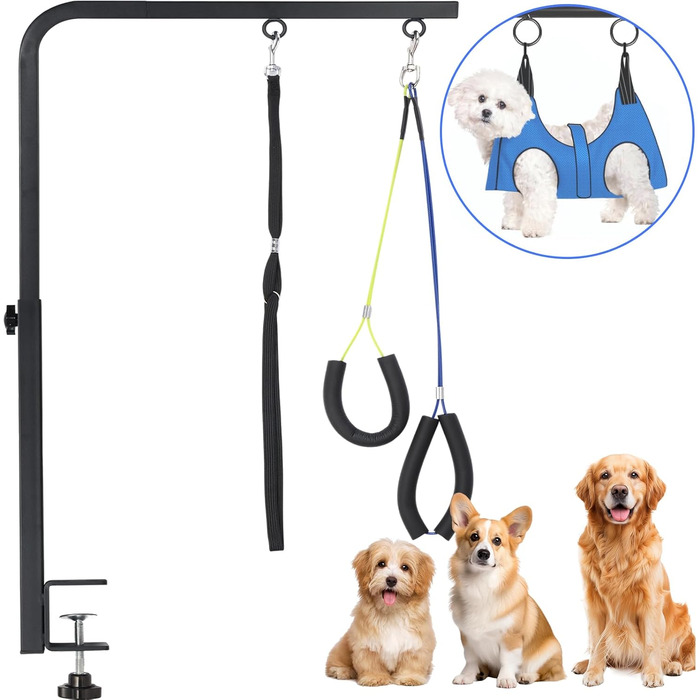 Підтримка для грумінгу собак, регульована, для маленьких та середніх порід, з кліпсою, петля для грумінгу, без підтримки спини та стегна (чорний, 111,8 см, арка + міцна кліпса + гамак)