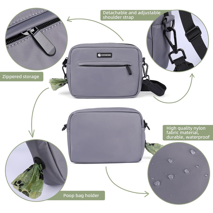 Сумка для ласощів для собак COOWONE - водонепроникна сумка для прогулянок з диспенсером для собачих екскрементів (світло-сіра)