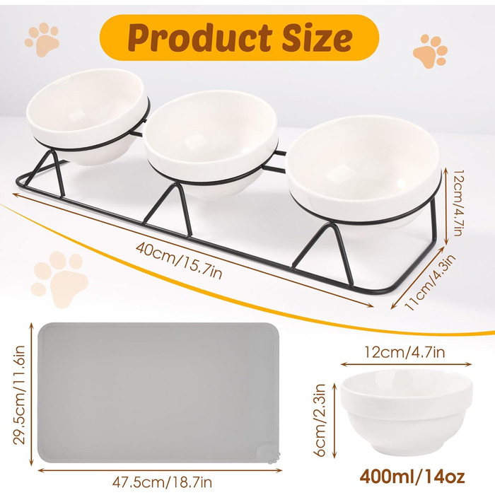 Набір мисок для котів Vikcvcs (3 шт.) з підставкою, кераміка, силікон, 15° нахил, ергономічні, для котів та маленьких собак