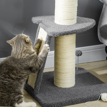 PawHut Cat Tree Велике 92 см Котяче дерево з імітацією баранячої шкіри, дряпаючим стеблом, платформою та ігровим м'ячем, темно-сіро-кремово-біле