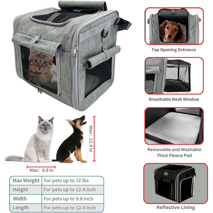 Рюкзак-переноска для собак та котів, сірий, з розширенням, м'який, світловідбиваючий, з 4 дверима та сітковими вікнами (для малих та середніх собак, кошенят, цуценят)