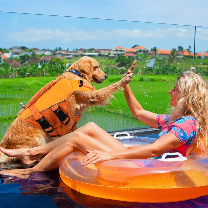 Жилет рятувальний для собак ASENKU S, помаранчевий, регульований, з ручкою та світловідбиваючими елементами (чіхуахуа, такса, бульдог, лабрадор)