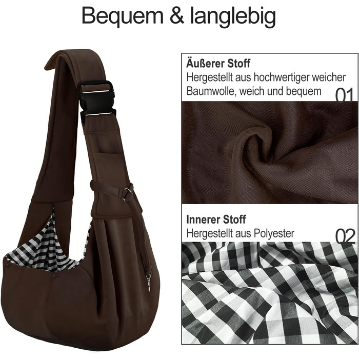 PetLoft Тканинна переноска для собак, реверсивна, регульована, Cross-Body Carrier для собак/кішок/кроликів (Коричнева)