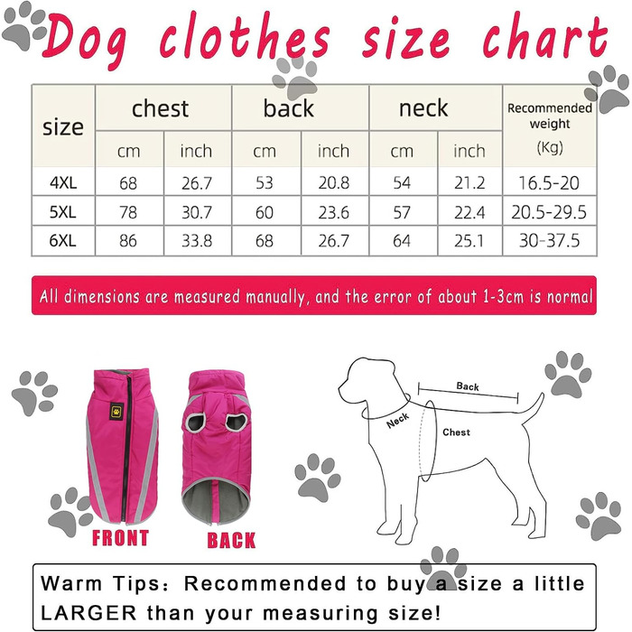 Зимова куртка для собак, тепла водонепроникна куртка для середніх та великих собак, флісова підкладка, світловідбиваючі елементи, для Лабрадора, Бульдога, Самоеда (5XL/60см, Рожевий)