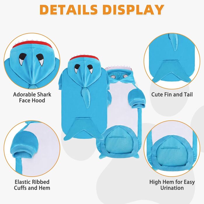 KOOLTAIL Костюм для собак, костюм бджоли, теплий флісовий пуловер з капюшоном, одяг для домашніх тварин, кумедний косплей, карнавальний костюм, захист від холоду, з отвором для повідка (Синій акул, Великий)