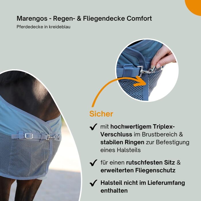 Marengos водонепроникна сітчаста попона для коней Comfort, з хрестовими ременями, потрійною застібкою і кільцями для шийної частини, міцна, для вулиці, синя, 125 см