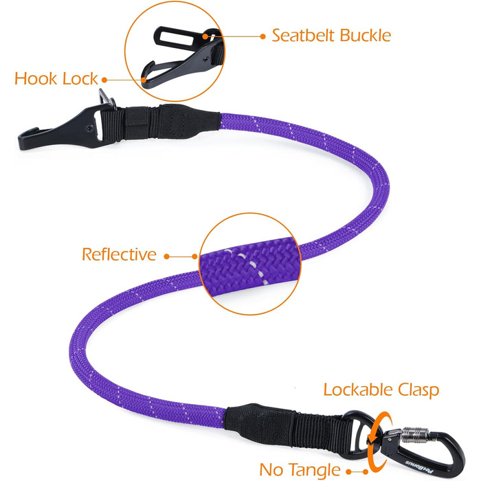 Автомобільний поводок для собак PetBonus: безпечний кріплення, міцні карабіни, для маленьких, середніх та великих собак (фіолетовий)
