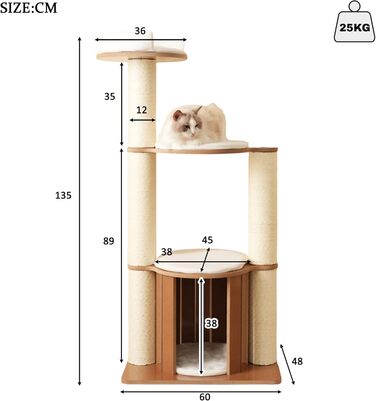 Кігтеточка для котів CareCooo 135 см з товстими стійкими стовпчиками, з будиночком, захистом від перекидання, з сизалю, водонепроникна, для великих котів, коричнево-біла