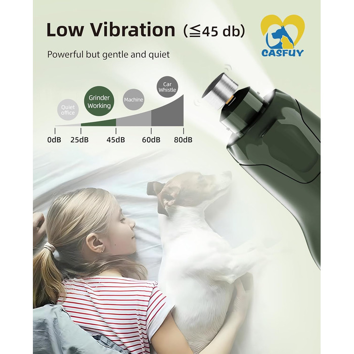 Електричний точило для кігтів собак Casfuy (45 dB) з 6 режимами та LED-підсвіткою для собак та котів, армійний колір