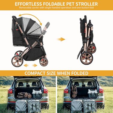 Візок для собак DWVO 3-в-1: візок, переноска, сумка. До 22 кг, EVA-колеса, сітчасті вікна, чорний (58,5x76x105 см)