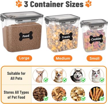 Набір герметичних контейнерів для кормів ZooZoo (3 шт.) — BPA-free бокси для сухого корму для собак різних розмірів, з мірками, етикетками та затискачем