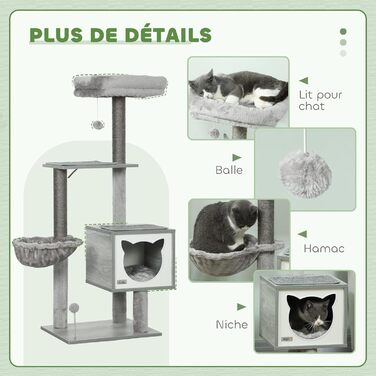 Дерев'яний комплекс для котів PawHut з гамаком, корзиною та подушками, 126 см, сіра колірна гама