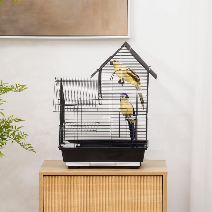 Клітка для птахів PawHut 39x33x47 см, металева, 3 дверцята, 2 годівниці, 2 жердочки, висувний піддон, ручка, для канарейок, чорна