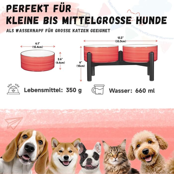 Керамічна годівниця для собак на підставці з нержавіючої сталі - подвійна годівниця для маленьких та середніх собак, неслизький набір мисок для їжі та води, 350г / 660мл, 15см (червона)
