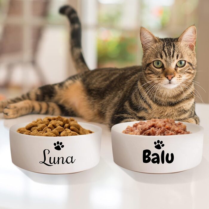 Керамічний подвійний набір мисок з іменем або текстом для собак та котів - персоналізований набір мисок з/без підставки | миска для собак, миска для корму, годівниця | великі та маленькі тварини, годівниця (2x500мл)