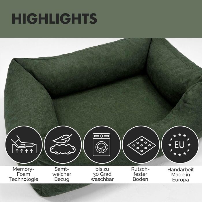 Ортопедичне ліжко для собак Emma | Ліжко-кошик для великих та середніх собак (Оливковий, 105x75 см)