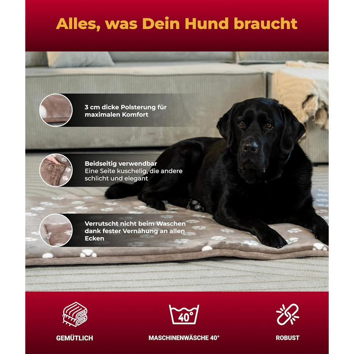 Лежак для собак HS-Hundebett® L 75x115 см, двосторонній, м'який, 3 см наповнювач, для дивана, авто та будки, колір бежевий з лапками, зроблено в Німеччині