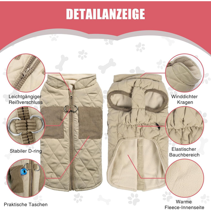 Зимовий теплий куртка для собак FeimaX: вітрозахисний халат з флісовою підкладкою, D-кільце, для маленьких та середніх собак (Хакі, L)