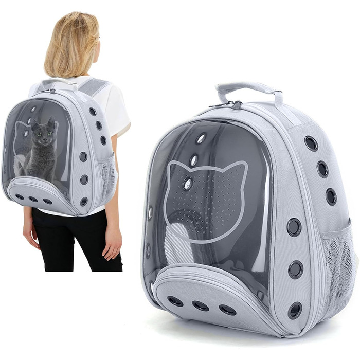 Рюкзак для котів та маленьких собак PETCUTE, дихаючий, знімний килимок, до 6 кг, з прозорим вікном, для подорожей (світло-сірий)