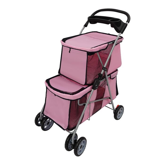 Двоярусний візок для домашніх тварин для маленьких та середніх собак та котів - Легкий транспортний візок-бугі для собак з 2 рівнями для прогулянок, подорожей та активного відпочинку на природі, до 20 кг (Рожевий)
