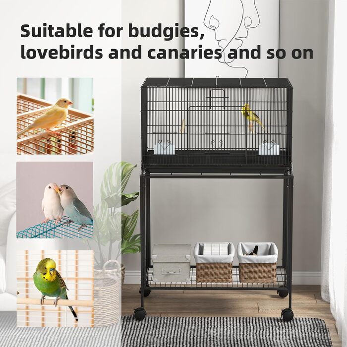 Клітка для птахів PawHut 77x46x119 см, металева, знімний піддон, жердочки, годівниці, для хвилястих папуг і канарок, чорна