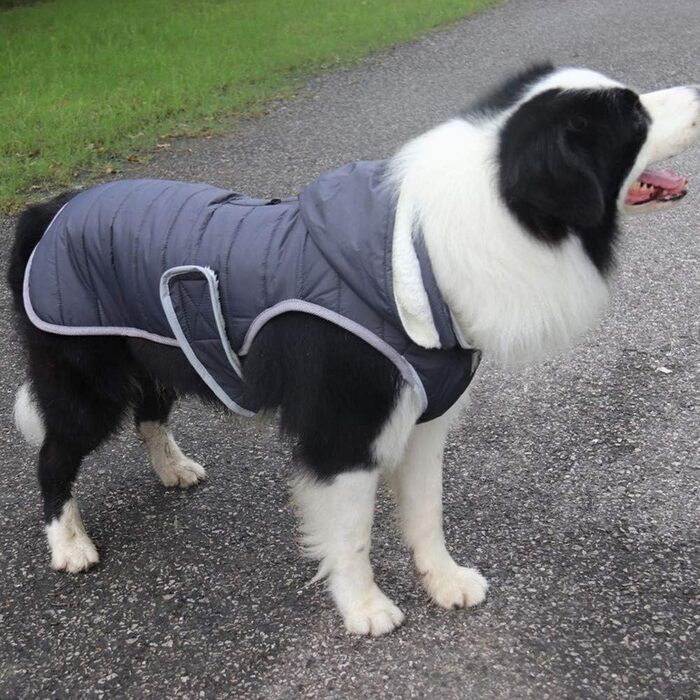 Теплий зимовий одяг для собак - куртка з капюшоном, в клітинку, темно-сіра, розмір M (45-55 см)