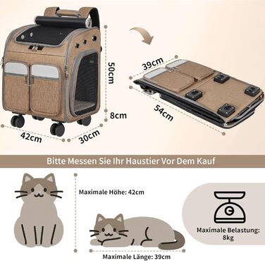 Рюкзак-переноска для кота OUUTMEE з візком, до 20 кг, велика, дихаюча, бежева