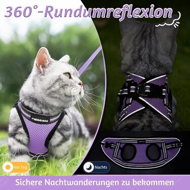 Нашийник та поводок для котів Rabbitgoo: безпечний, регульований, з відбиваючими смугами, для кошенят та дорослих котів, розмір M, світло-фіолетовий