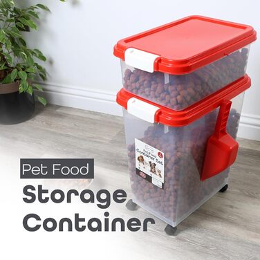 DIVCHI Контейнер для зберігання корму для тварин, 3 шт. з мірною ложкою, для собак, котів, корму для тварин, сухий корм, з роликами (Червоний)
