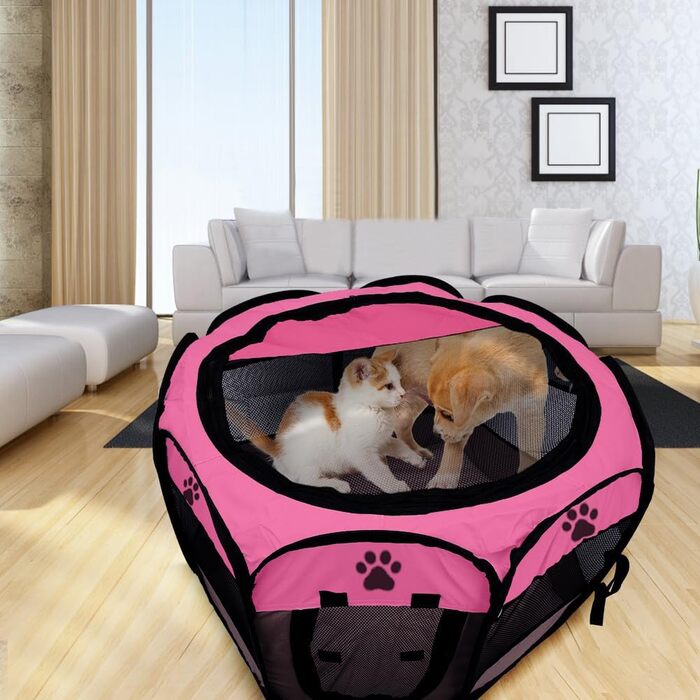 Клітка-забіг для цуценят та тварин, 74x74x43 см. Підходить для собак, котів, кроликів та інших дрібних тварин. Для використання в приміщенні та на вулиці (Рожева)