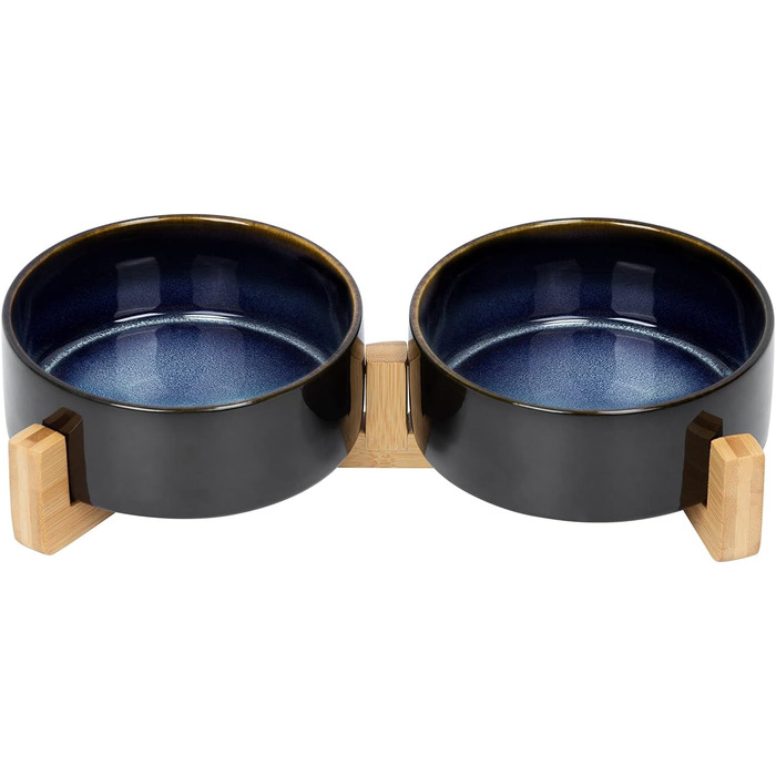Набір мисок для собак та котів SPUNKYJUNKY з кераміки, 2 шт., 400 мл, блакитний, з підставкою з бамбука