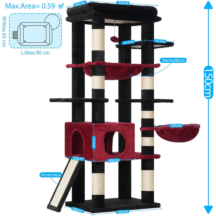 Котячий будиночок Hey-brother Kratzbaum: багатоярусний, 145 см, з лежаком, гамаком та кошиком (червоно-чорний)