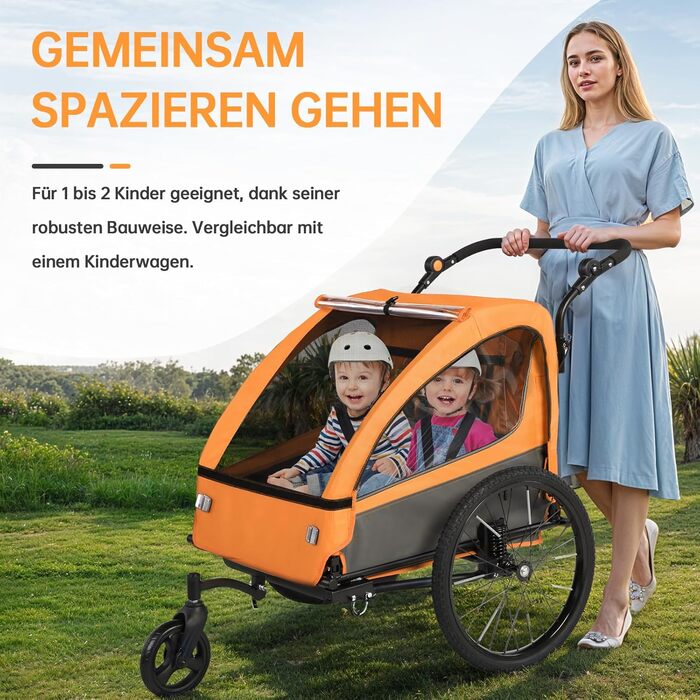 Дитячий велопричіп 2в1 з функцією коляски та бігуна, амортизація, регульована ручка-штовхач та гальма, для 1-2 дітей, до 40 кг (Помаранчевий)