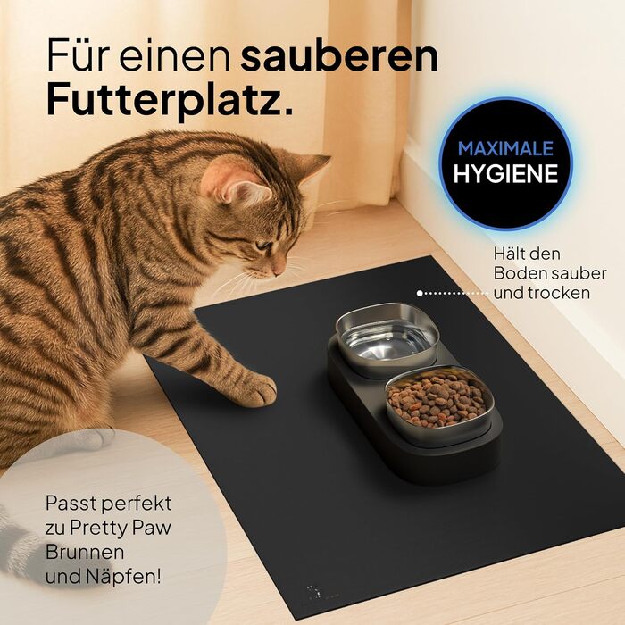 Підкладка під миску для котів Pretty PAW® 60x40 см - неслизька та водонепроникна, захист від води та бруду | Сумісна з фонтанчиком та мисками Pretty Paw (Чорний, широка)